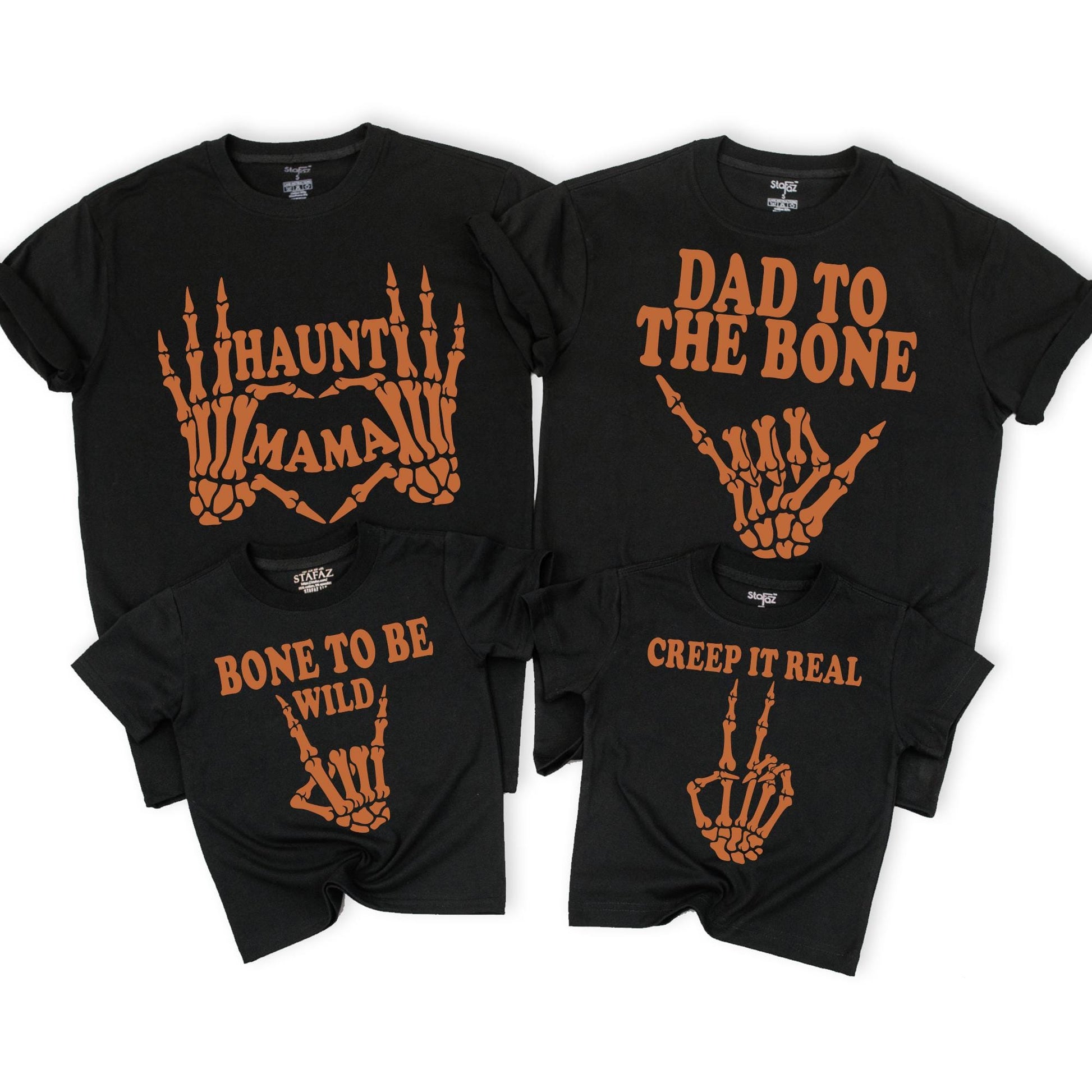 Matching Family Halloween Shirts Dad to the Bone Haunt Mama Creep it Real Bone to be Wild Too Cute to Spook Skeletons Rib Cage Burnt Orange Group Outfits
