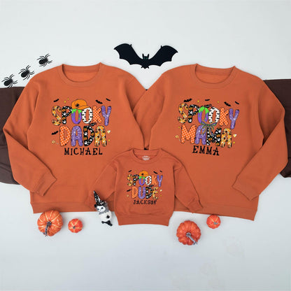 Personalized Spooky Dada Sweatshirt: Retro Halloween Family Matching Outfit with Custom Name, Playful Ghost & Pumpkin Design, Spooky Season Sweater 138