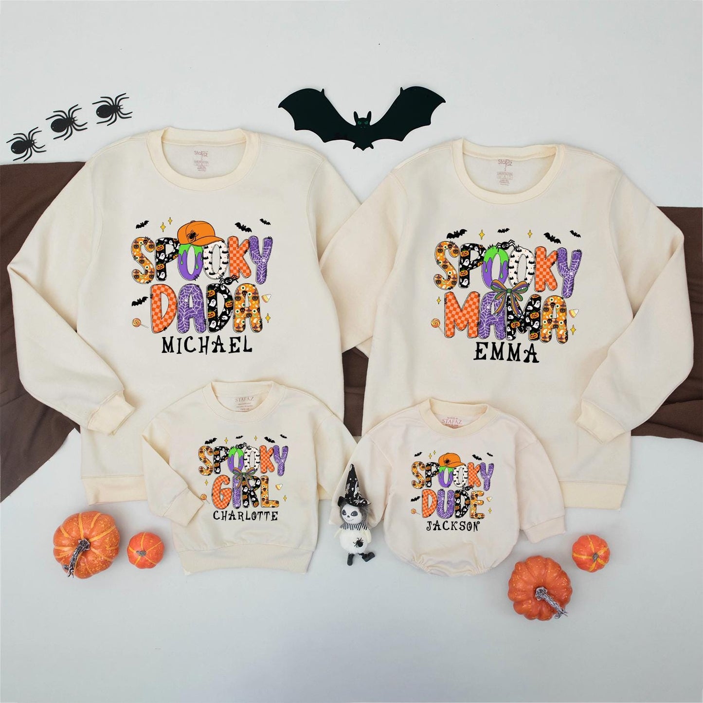 Personalized Spooky Dada Sweatshirt: Retro Halloween Family Matching Outfit with Custom Name, Playful Ghost & Pumpkin Design, Spooky Season Sweater 138
