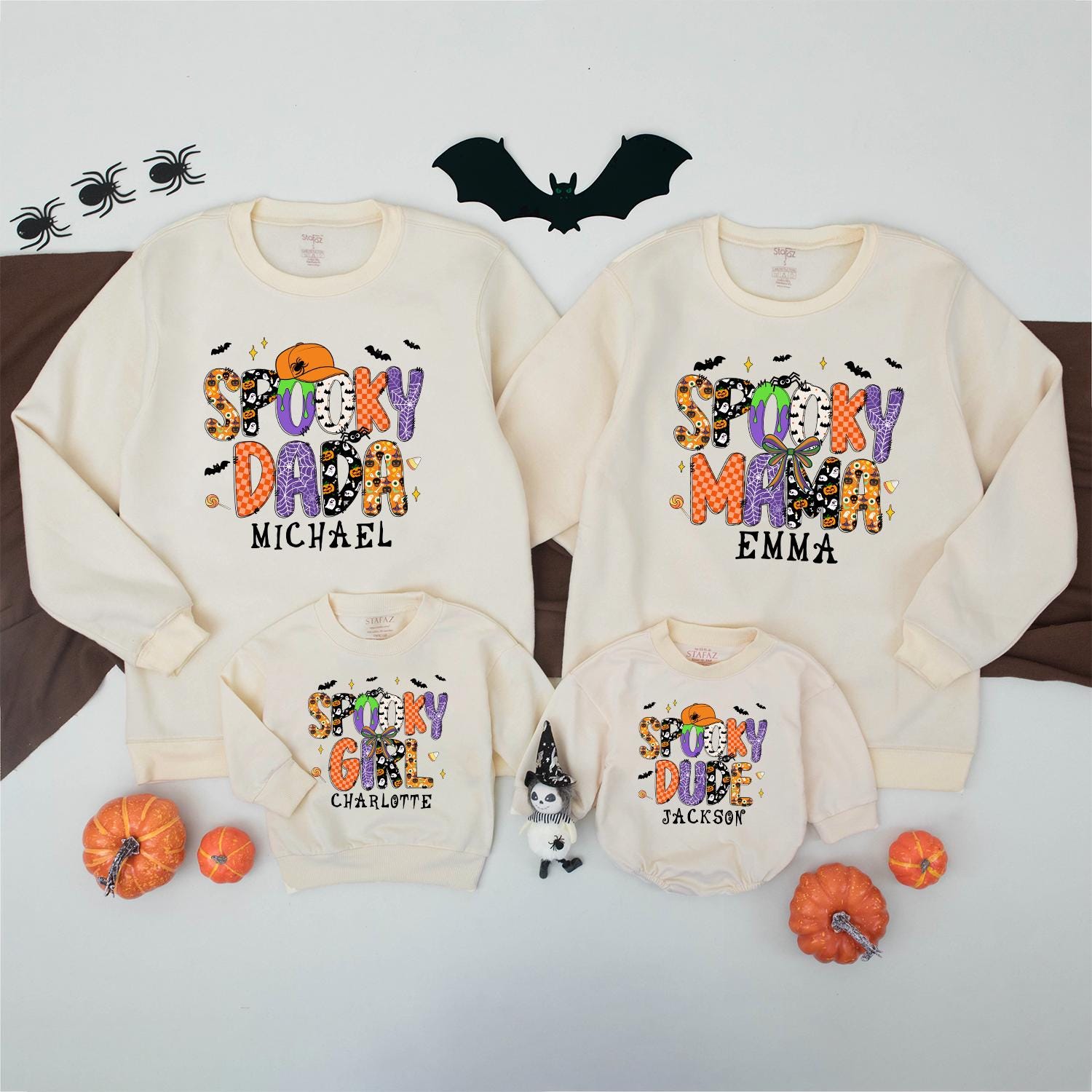 Personalized Spooky Dada Sweatshirt: Retro Halloween Family Matching Outfit with Custom Name, Playful Ghost & Pumpkin Design, Spooky Season Sweater 138