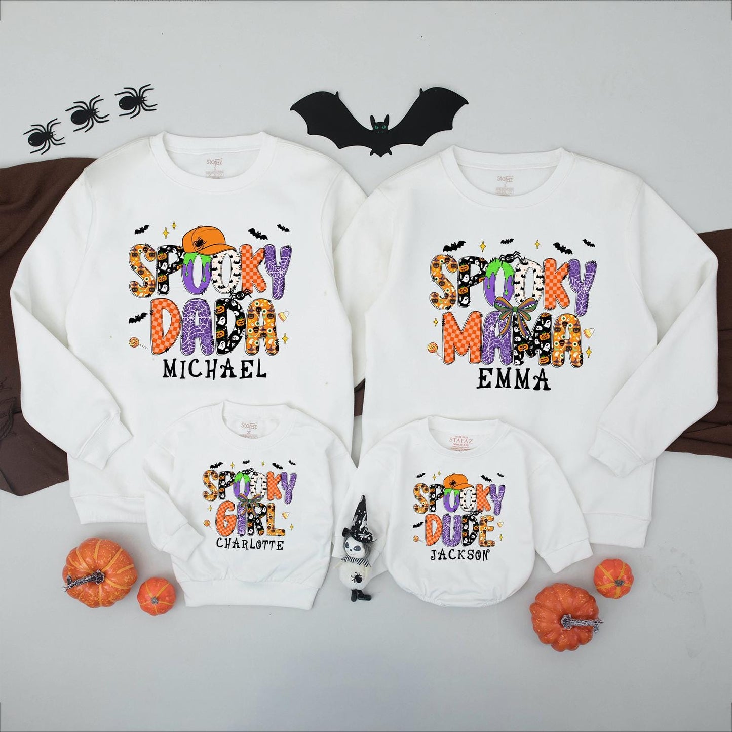Personalized Spooky Dada Sweatshirt: Retro Halloween Family Matching Outfit with Custom Name, Playful Ghost & Pumpkin Design, Spooky Season Sweater 138