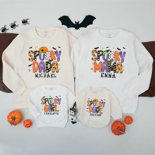 Personalized Spooky Dada Sweatshirt: Retro Halloween Family Matching Outfit with Custom Name, Playful Ghost & Pumpkin Design, Spooky Season Sweater 138