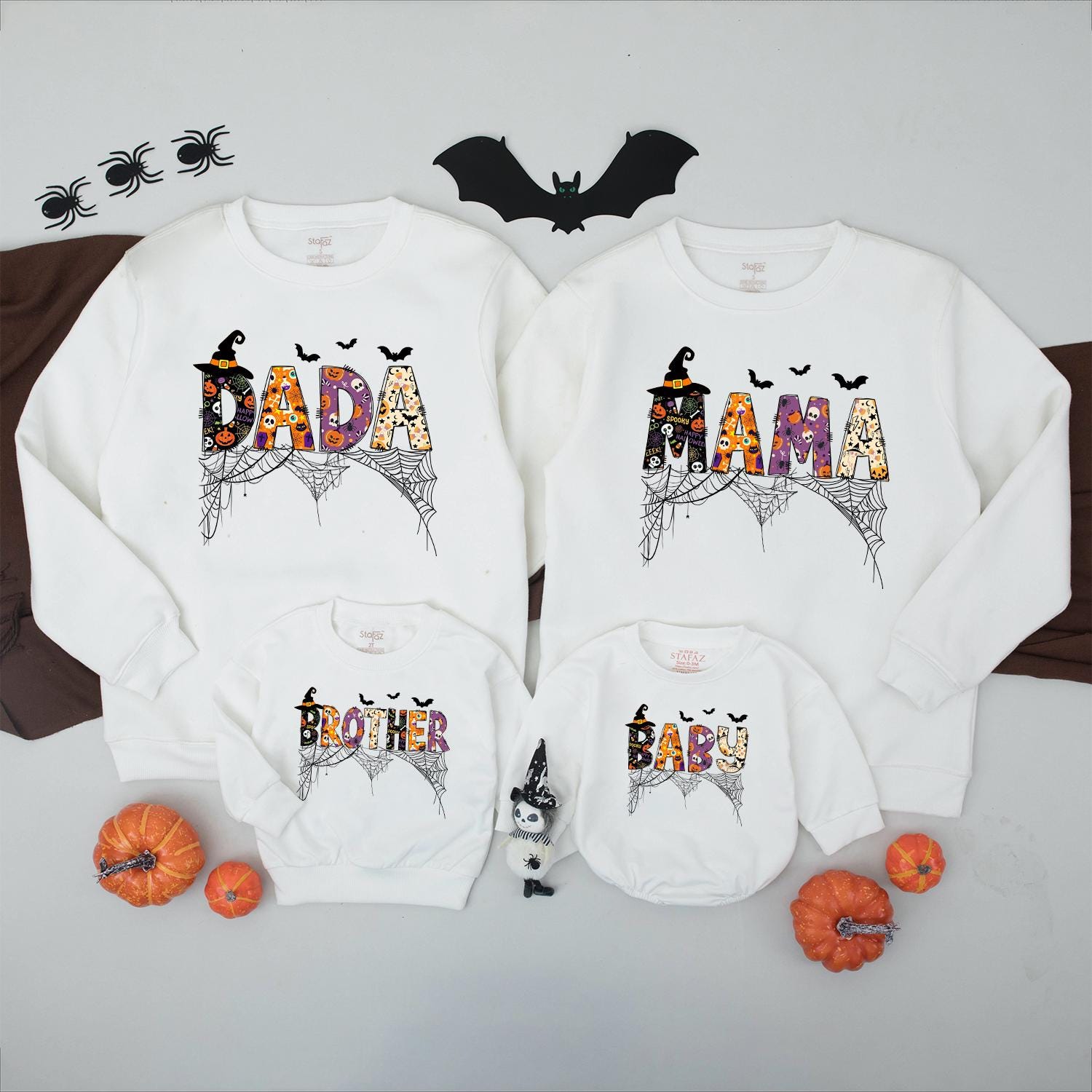 Retro Halloween Family Matching Sweatshirt Dada Mama Sister Baby Spooky Skeleton Pumpkin Spiderweb Design Festive Fall Custom Gift 130