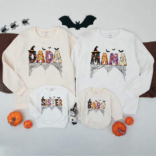 Retro Halloween Family Matching Sweatshirt Dada Mama Sister Baby Spooky Skeleton Pumpkin Spiderweb Design Festive Fall Custom Gift 130