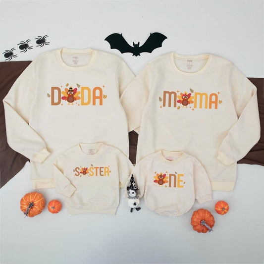Dada Mama Sister One Turkey Family Thanksgiving Sweatshirts Cute Baby's First Birthday Outfit Festive Fall Colors