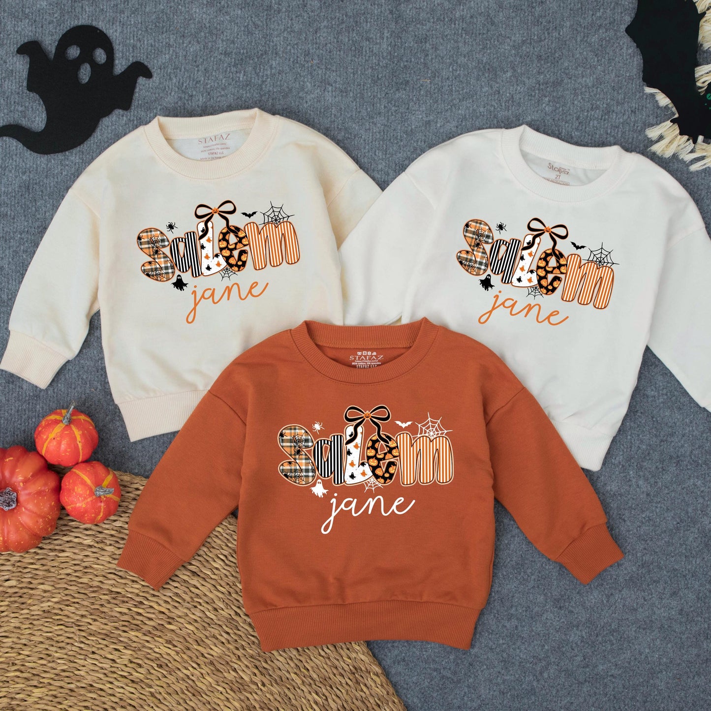 Personalized Spooky Jane Halloween Toddler Girl Sweatshirt with Stylized Letters Ghost Patterns Pumpkins Bats and Spiderwebs Fun Fall Costume