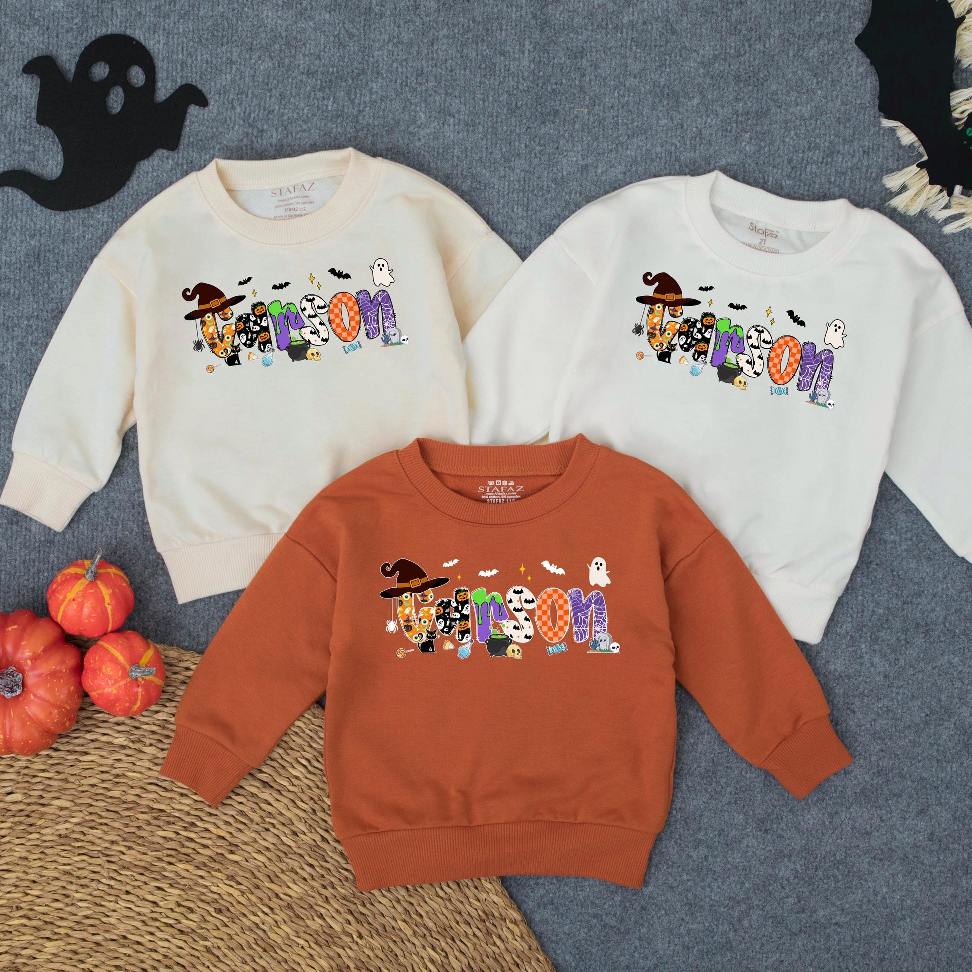 Custom Spooky Halloween Sweatshirt for Toddler Girls, Baby Boo Outfit with Bats, Ghosts & Candy, Trick or Treat Costume, Cute Spooky Sister Romper Option (138 chars)