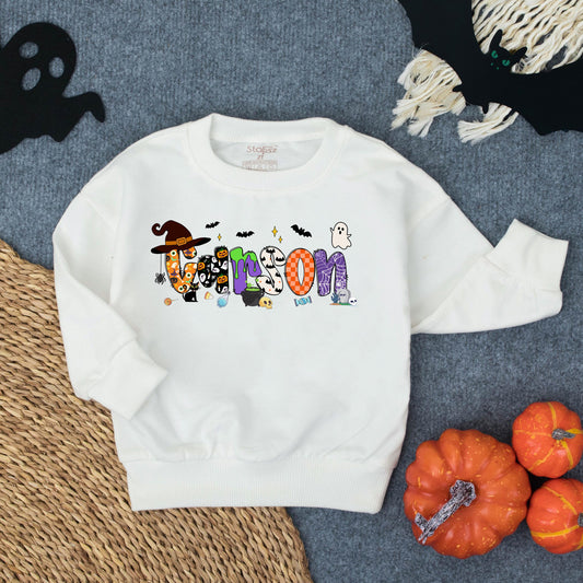Custom Spooky Halloween Sweatshirt for Toddler Girls, Baby Boo Outfit with Bats, Ghosts & Candy, Trick or Treat Costume, Cute Spooky Sister Romper Option (138 chars)