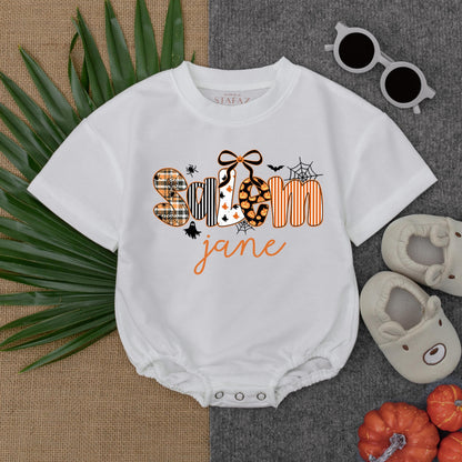Personalized Spooktacular Halloween Baby Girl Bubble Romper with Custom Name Jane Patterned Letters Spiders Ghosts Bats Pumpkins