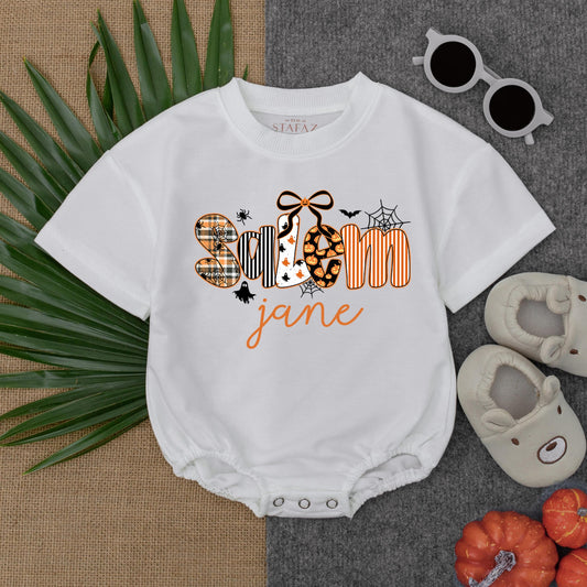 Personalized Spooktacular Halloween Baby Girl Bubble Romper with Custom Name Jane Patterned Letters Spiders Ghosts Bats Pumpkins