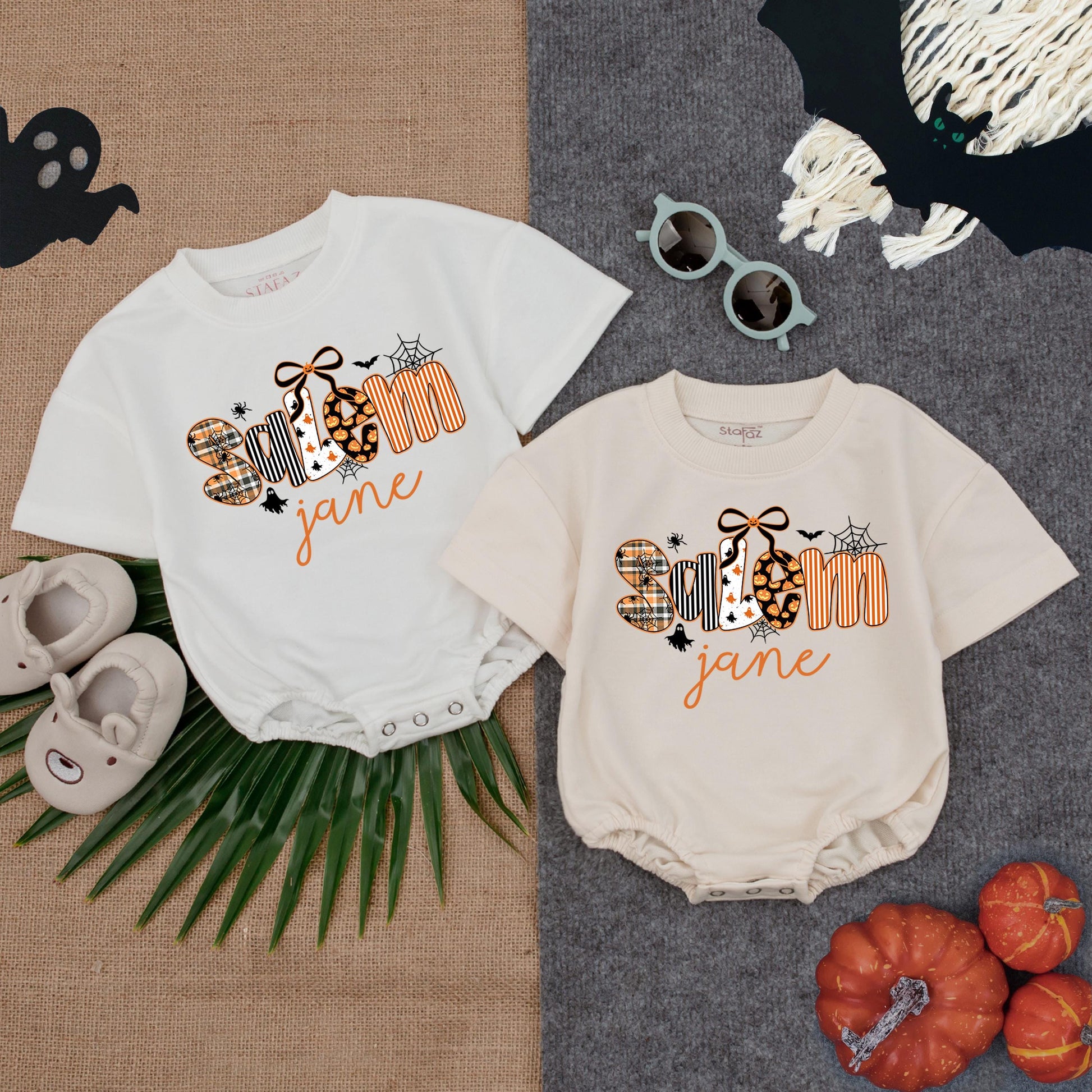 Personalized Spooktacular Halloween Baby Girl Bubble Romper with Custom Name Jane Patterned Letters Spiders Ghosts Bats Pumpkins