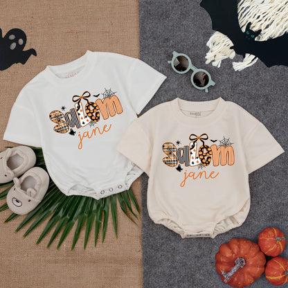 Personalized Spooktacular Halloween Baby Girl Bubble Romper with Custom Name Jane Patterned Letters Spiders Ghosts Bats Pumpkins