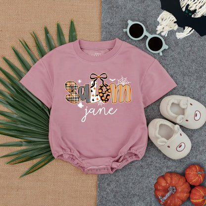 Personalized Spooktacular Halloween Baby Girl Bubble Romper with Custom Name Jane Patterned Letters Spiders Ghosts Bats Pumpkins