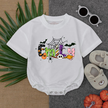 Custom EMILY Halloween Romper Short Sleeves Baby Bodysuit First Halloween Spooky Season Gift