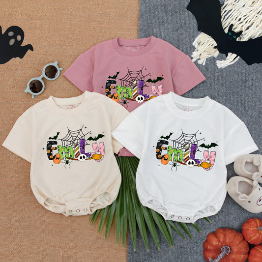 Custom EMILY Halloween Romper Short Sleeves Baby Bodysuit First Halloween Spooky Season Gift
