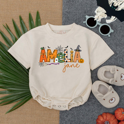 Personalized Amelia Jane Halloween Bubble Romper Baby Girl First Spooky Season Outfit Custom Name Pumpkin Ghost Bat Witch Hat Toddler