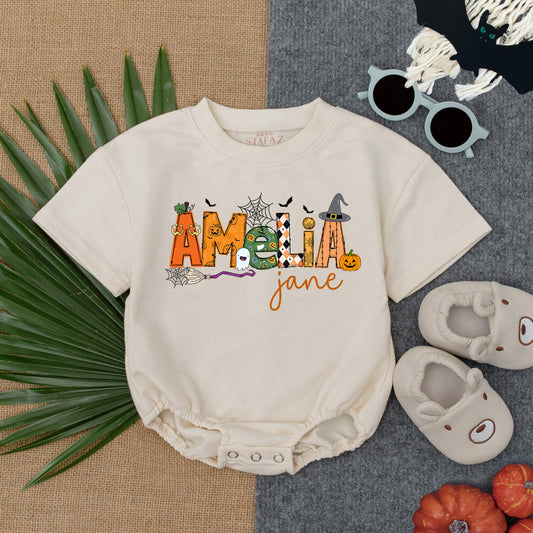 Personalized Amelia Jane Halloween Bubble Romper Baby Girl First Spooky Season Outfit Custom Name Pumpkin Ghost Bat Witch Hat Toddler