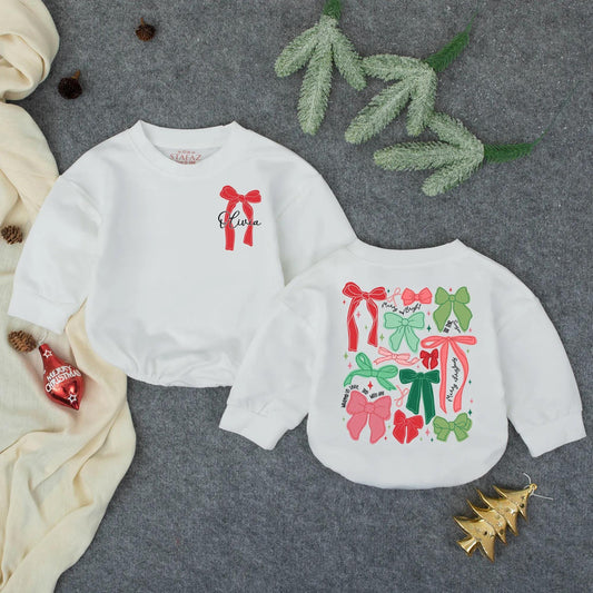 Personalized Christmas Bow Romper, Olivia's First Xmas Outfit, Festive Holiday Baby Girl Clothes, Playful Bows Bodysuit, Winter Gift, Baby Shower 138 chars