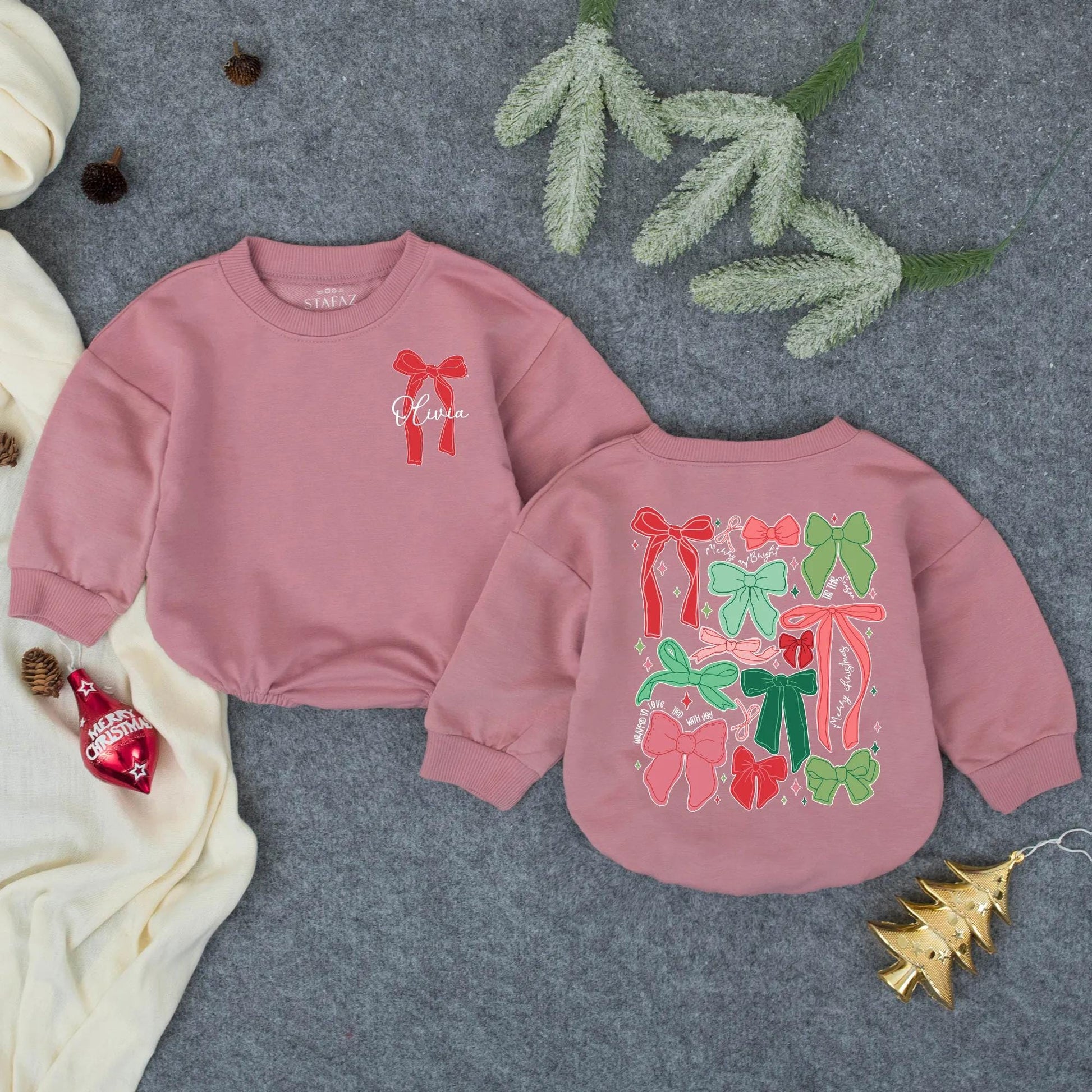 Personalized Christmas Bow Romper, Olivia's First Xmas Outfit, Festive Holiday Baby Girl Clothes, Playful Bows Bodysuit, Winter Gift, Baby Shower 138 chars