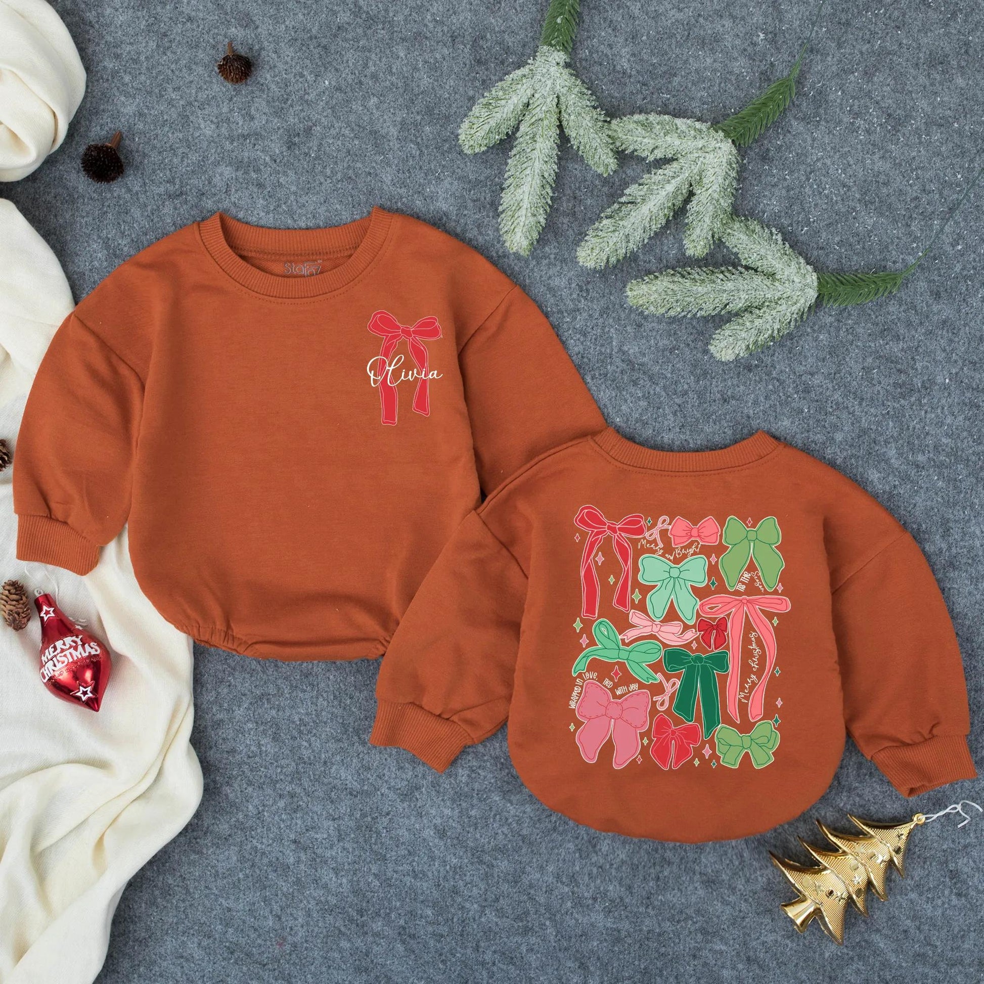 Personalized Christmas Bow Romper, Olivia's First Xmas Outfit, Festive Holiday Baby Girl Clothes, Playful Bows Bodysuit, Winter Gift, Baby Shower 138 chars