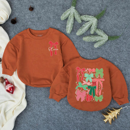 Personalized Christmas Bow Romper, Olivia's First Xmas Outfit, Festive Holiday Baby Girl Clothes, Playful Bows Bodysuit, Winter Gift, Baby Shower 138 chars