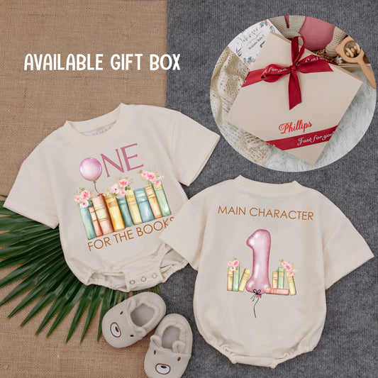 One for the Books First Birthday Romper Baby Girl Outfit Pink Flowers Balloon Book Theme Personalized Name Gift Toddler Party Clothes