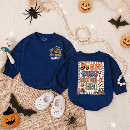 Custom Jaydon & Bub Brubby Brother-o-Bro Halloween Romper Infant Toddler Fall Pumpkin Construction Vehicle Outfit "Bub's Bubby Brother-o-Bro"