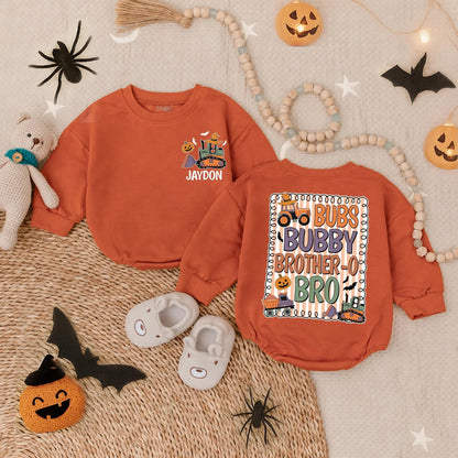 Custom Jaydon & Bub Brubby Brother-o-Bro Halloween Romper Infant Toddler Fall Pumpkin Construction Vehicle Outfit "Bub's Bubby Brother-o-Bro"