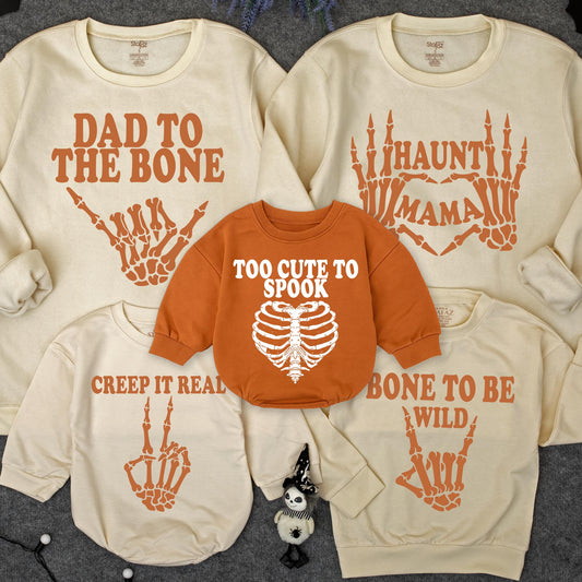Funny Matching Family Halloween Sweatshirts Skeleton Hands "Dad To The Bone" "Haunti Mama" "Creep It Real" "Bone to Be Wild" "Too Cute to Spook" Orange Themed Outfits