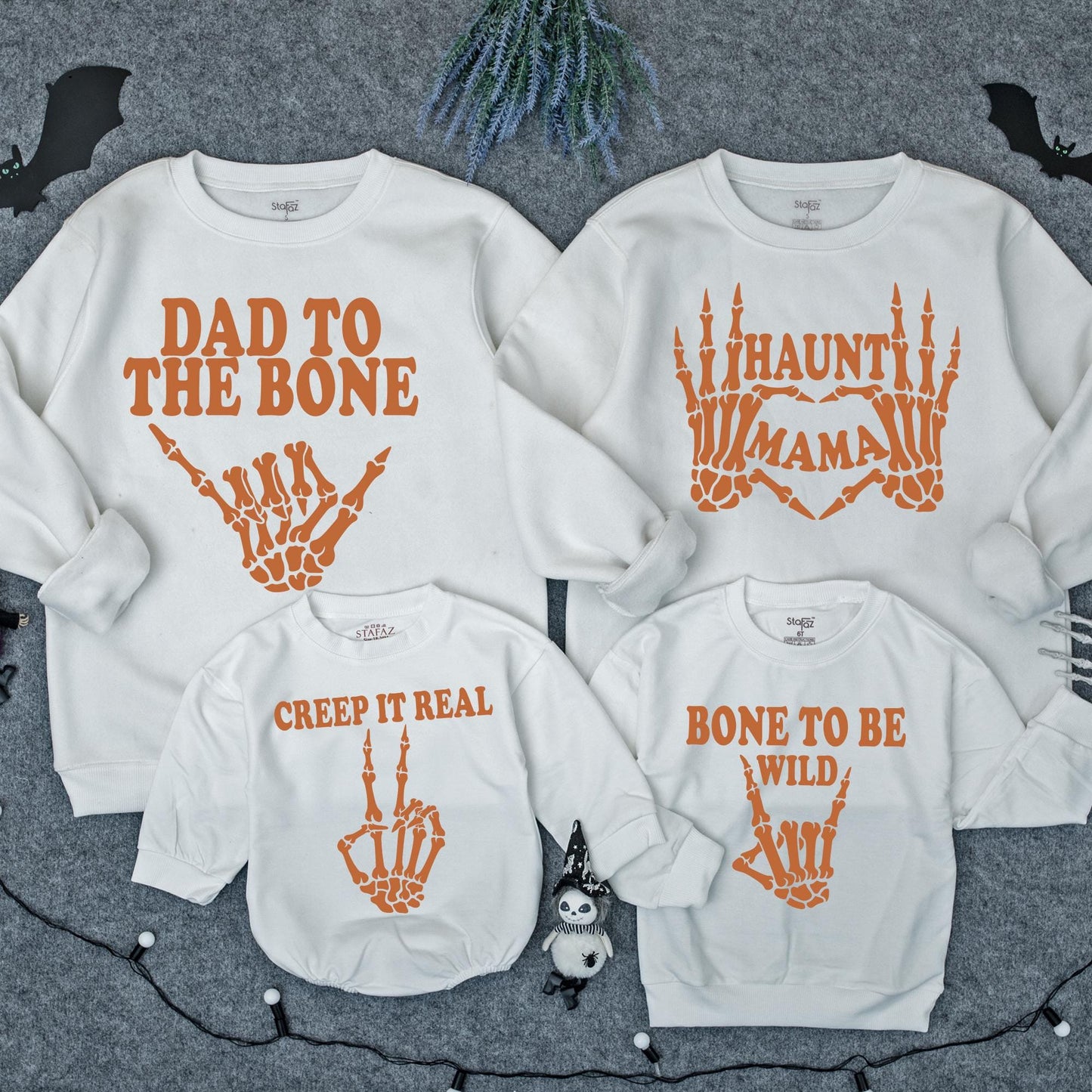 Funny Matching Family Halloween Sweatshirts Skeleton Hands "Dad To The Bone" "Haunti Mama" "Creep It Real" "Bone to Be Wild" "Too Cute to Spook" Orange Themed Outfits