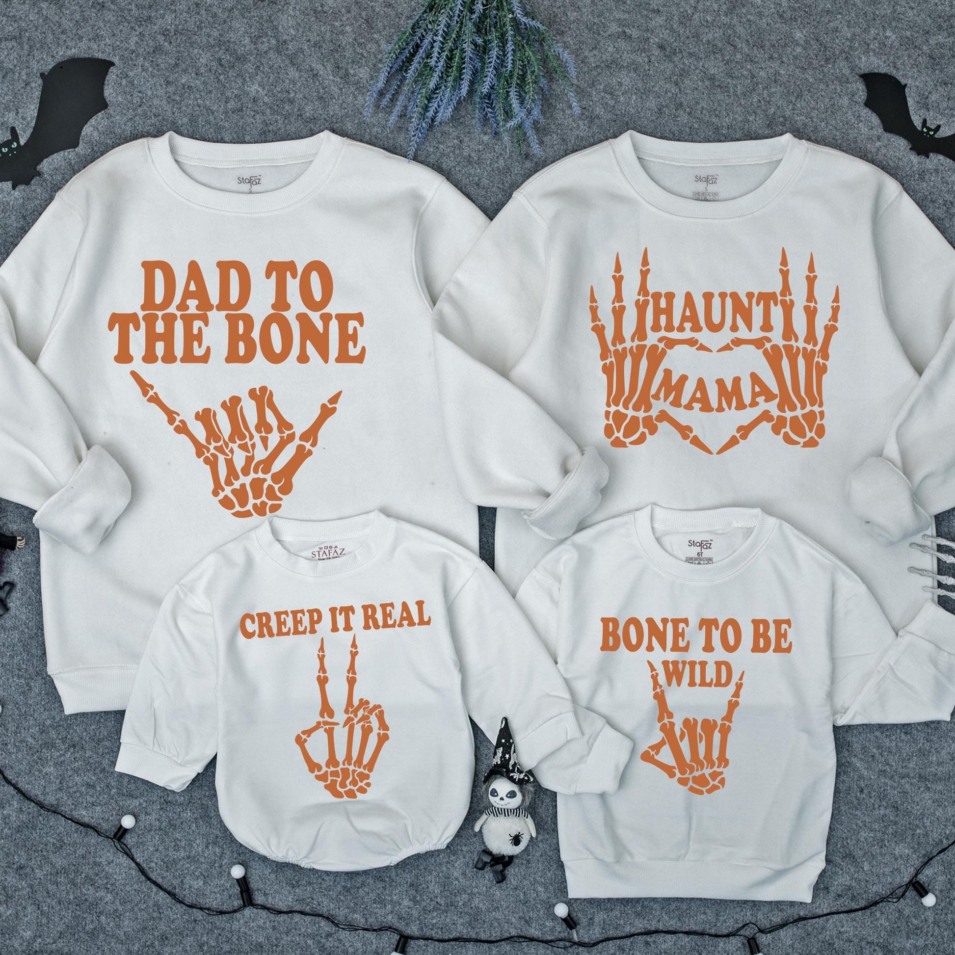 Funny Matching Family Halloween Sweatshirts Skeleton Hands "Dad To The Bone" "Haunti Mama" "Creep It Real" "Bone to Be Wild" "Too Cute to Spook" Orange Themed Outfits