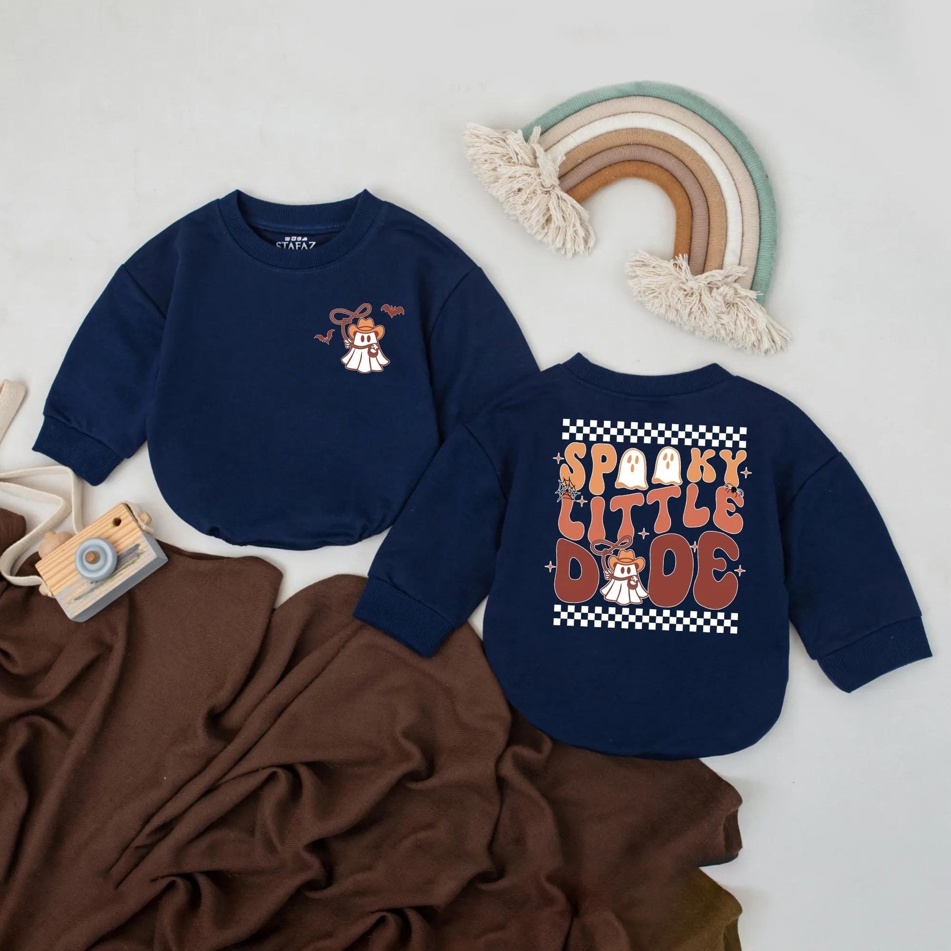 Spooky Little Dude Romper: My First Halloween Outfit Cowboy Ghost Bodysuit Fall Baby Clothes Spooky Season Shirt Starburst & Spiderweb Design 138