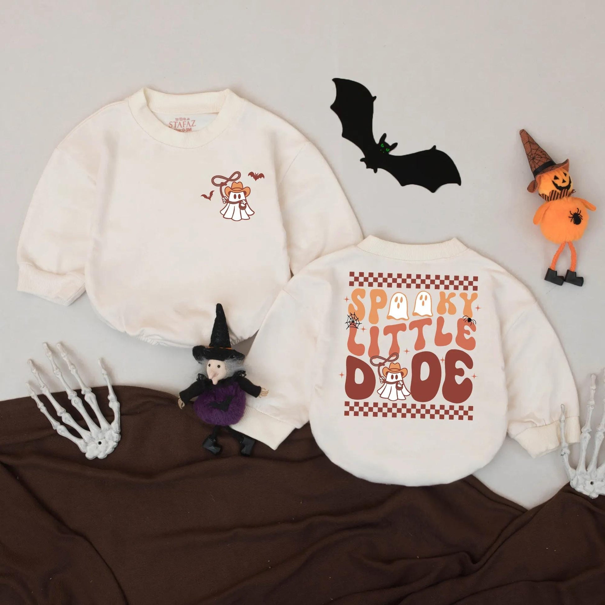 Spooky Little Dude Romper: My First Halloween Outfit Cowboy Ghost Bodysuit Fall Baby Clothes Spooky Season Shirt Starburst & Spiderweb Design 138