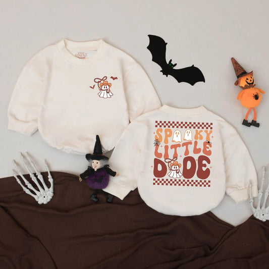 Spooky Little Dude Romper: My First Halloween Outfit Cowboy Ghost Bodysuit Fall Baby Clothes Spooky Season Shirt Starburst & Spiderweb Design 138
