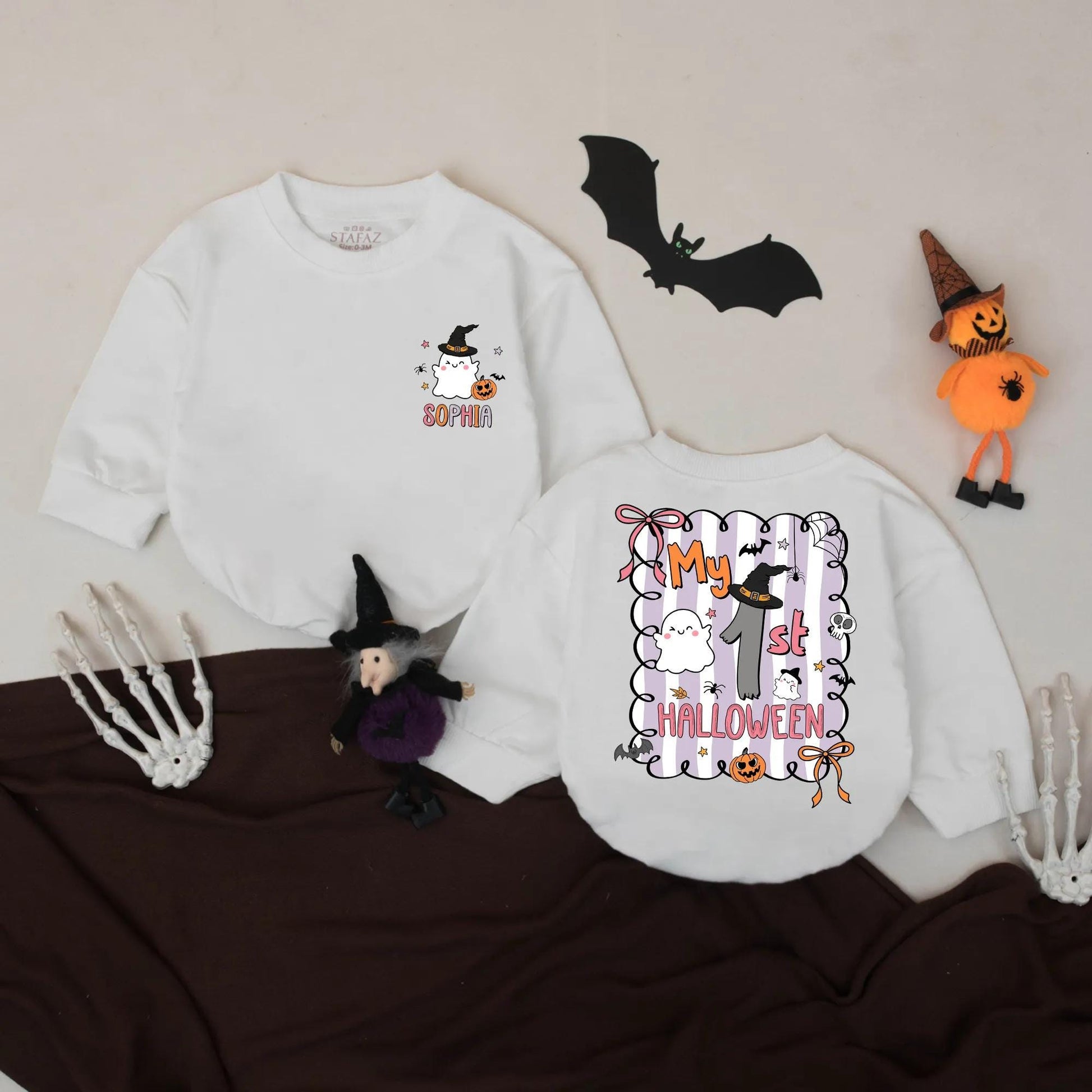 My First Halloween Romper Cute Ghost Pumpkin Outfit Pastel Baby Girl Gift Personalized Name Bodysuit Fall Season Baby Clothes