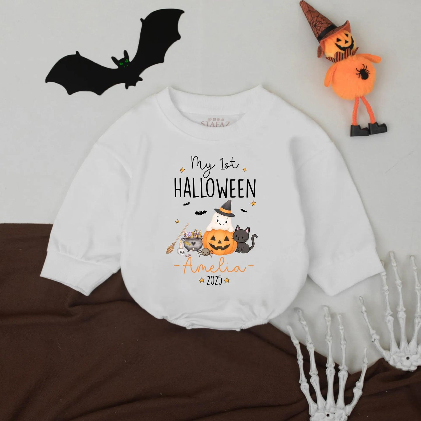 Amelia's 1st Halloween Romper Cute Pumpkin Ghost Black Cat Candy Cauldron Baby Clothes 2025