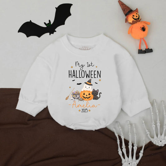 Amelia's 1st Halloween Romper Cute Pumpkin Ghost Black Cat Candy Cauldron Baby Clothes 2025