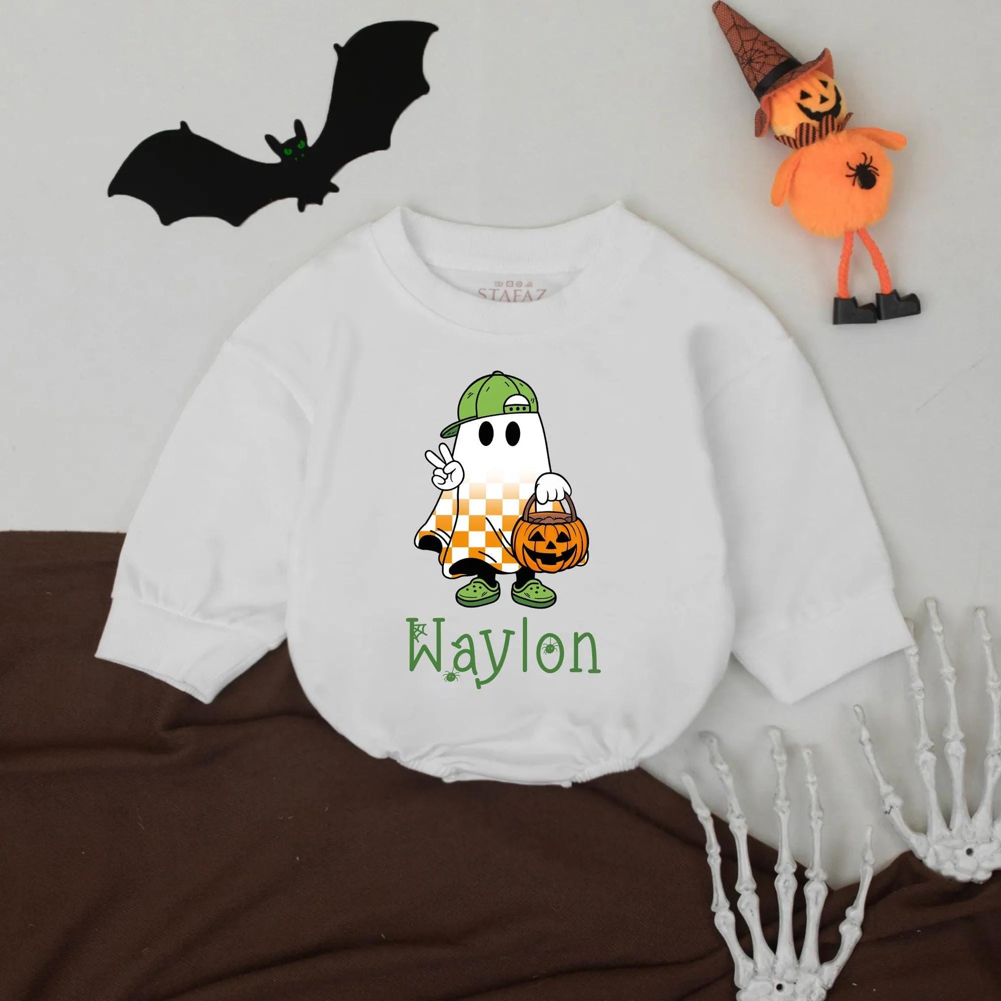Personalized Little Boo Romper, Spooky Season Halloween Baby Outfit, Custom Name Ghost with Jack-o'-Lantern, Playful Fall Baby Clothes Shower Gift