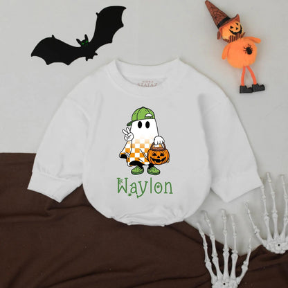 Personalized Little Boo Romper, Spooky Season Halloween Baby Outfit, Custom Name Ghost with Jack-o'-Lantern, Playful Fall Baby Clothes Shower Gift
