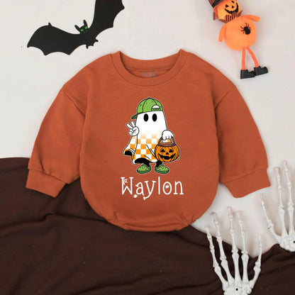 Personalized Little Boo Romper, Spooky Season Halloween Baby Outfit, Custom Name Ghost with Jack-o'-Lantern, Playful Fall Baby Clothes Shower Gift