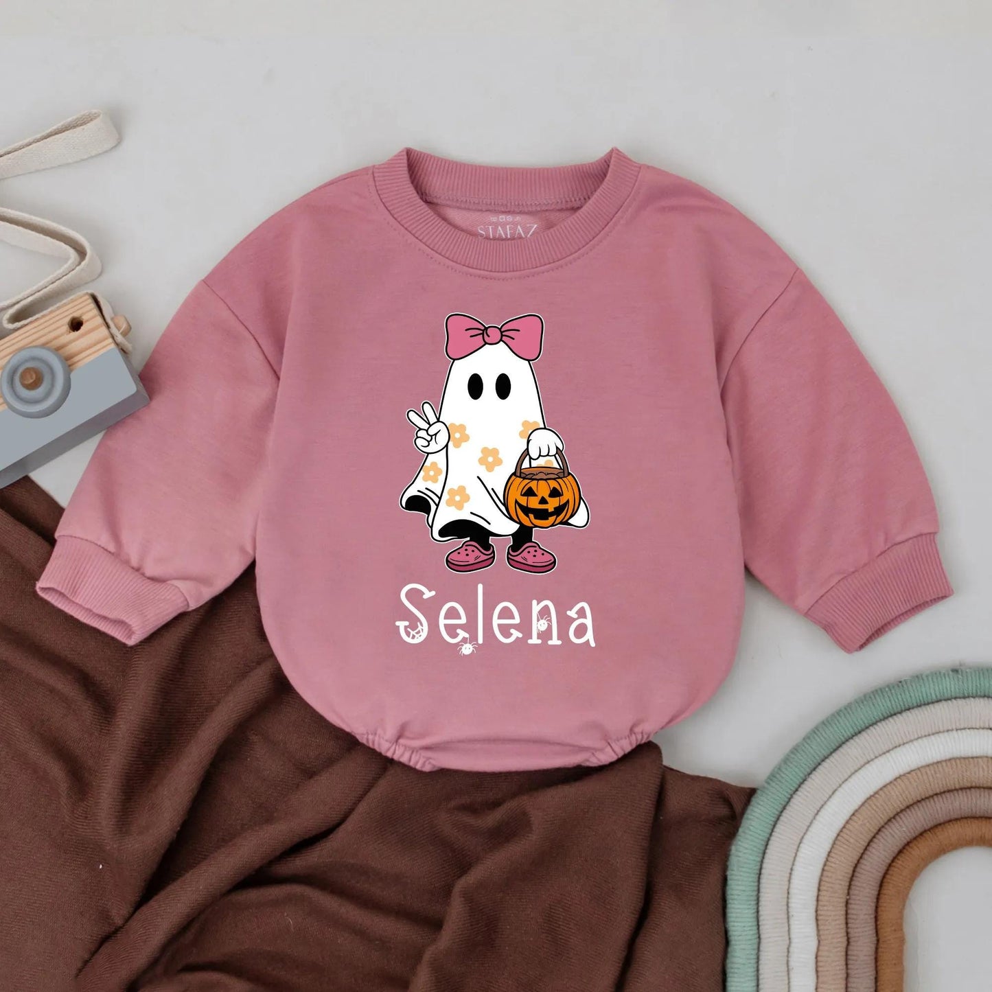 Personalized Little Boo Romper, Spooky Season Halloween Baby Outfit, Custom Name Ghost with Jack-o'-Lantern, Playful Fall Baby Clothes Shower Gift