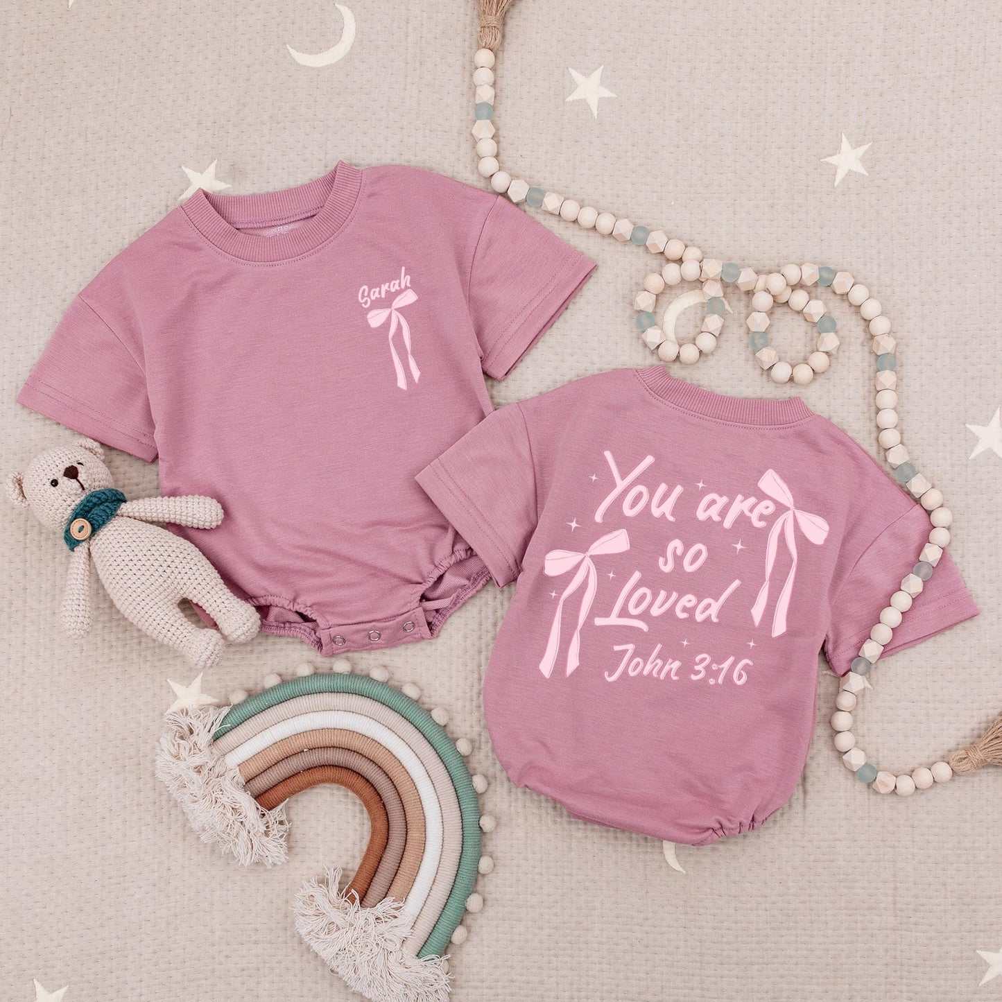 Custom Name You Are So Loved John 3:16 Pink Bow Baby Romper Sweet Christian Girl First Birthday Outfit