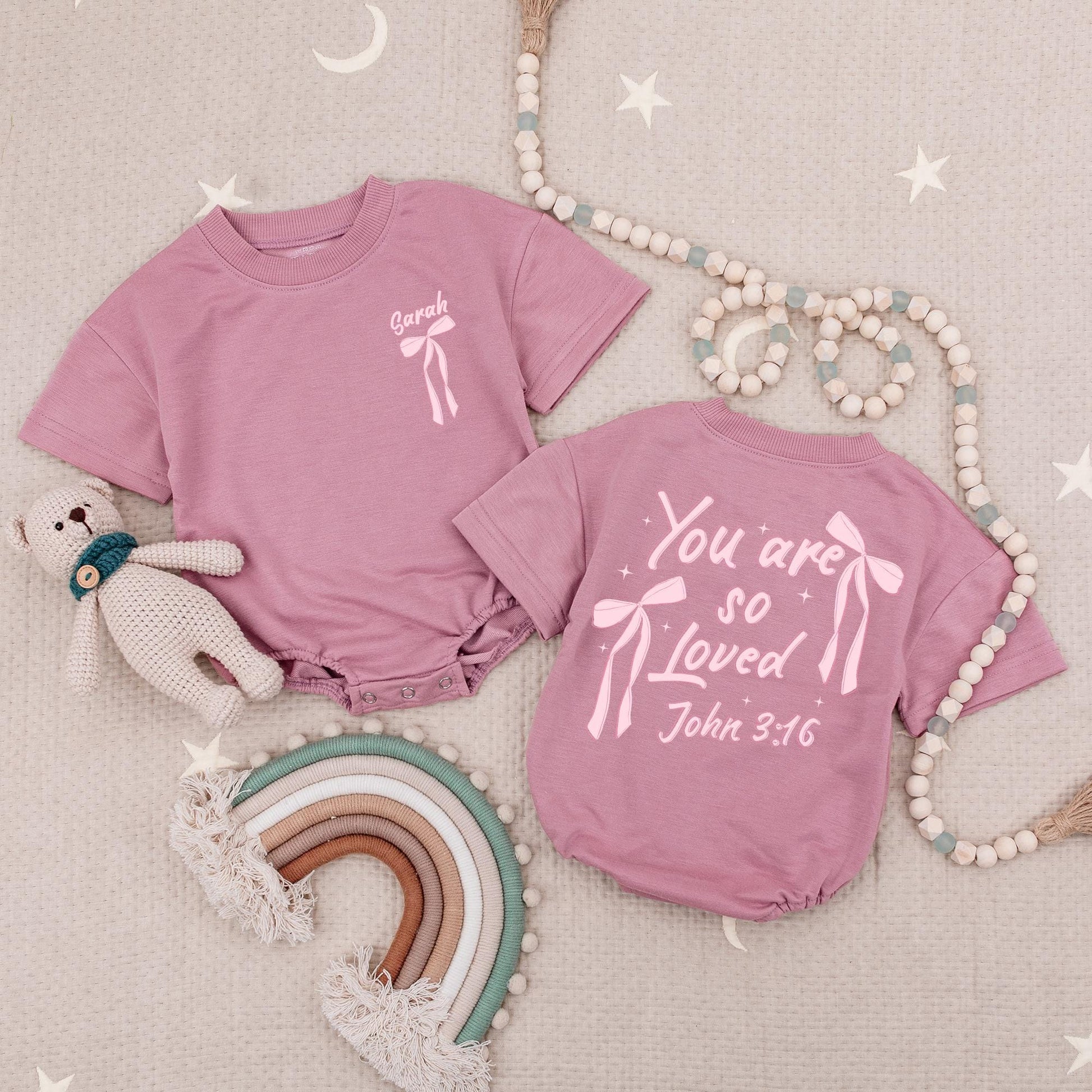 Custom Name You Are So Loved John 3:16 Pink Bow Baby Romper Sweet Christian Girl First Birthday Outfit