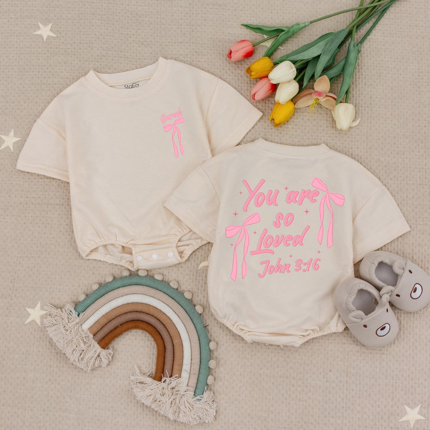 Custom Name You Are So Loved John 3:16 Pink Bow Baby Romper Sweet Christian Girl First Birthday Outfit