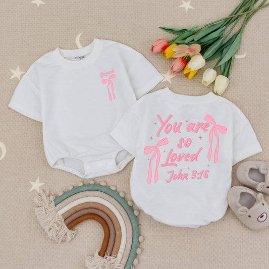 Custom Name You Are So Loved John 3:16 Pink Bow Baby Romper Sweet Christian Girl First Birthday Outfit