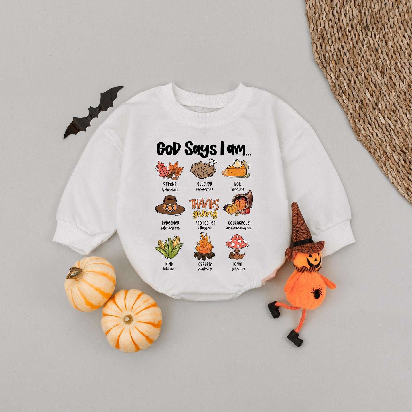 God Says I Am Thanksgiving Baby Romper Fall Outfit, Little Pumpkin Bodysuit Infant Clothes Autumn Leaves Turkey Design, Cute & Whimsical