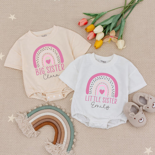 Custom Big Sister Little Sister Matching Romper Set Pink Rainbow Heart Design Baby Girl Bodysuit Sibling Announcement