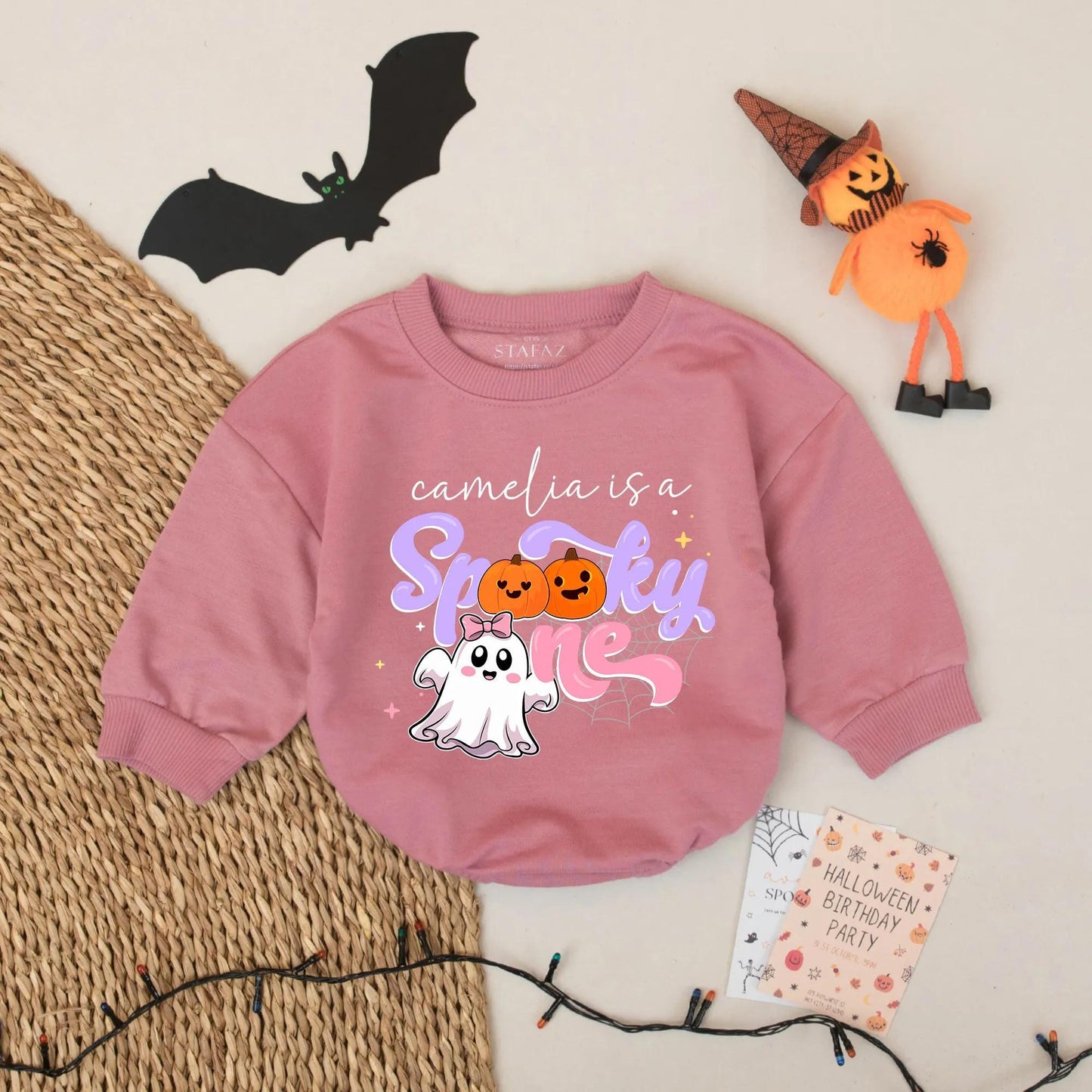Camelia's Spooky One Romper: First Halloween Outfit for Baby Girl, Cute Ghost & Pumpkins, Custom Name Fall Romper, Personalized 1st Birthday Outfit