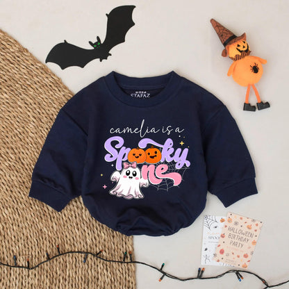 Camelia's Spooky One Romper: First Halloween Outfit for Baby Girl, Cute Ghost & Pumpkins, Custom Name Fall Romper, Personalized 1st Birthday Outfit