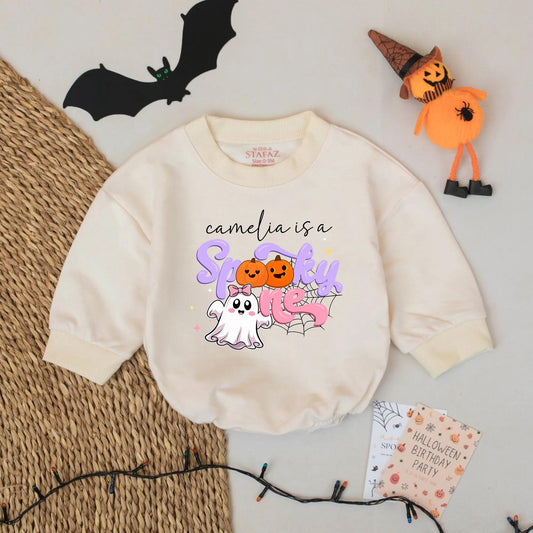 Camelia's Spooky One Romper: First Halloween Outfit for Baby Girl, Cute Ghost & Pumpkins, Custom Name Fall Romper, Personalized 1st Birthday Outfit